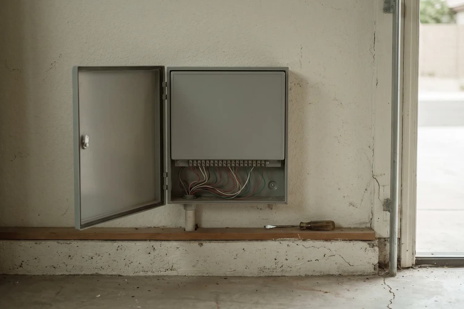 Grey irrigation controller on a garage wall with its cover open, showing zone wires entering a terminal strip
