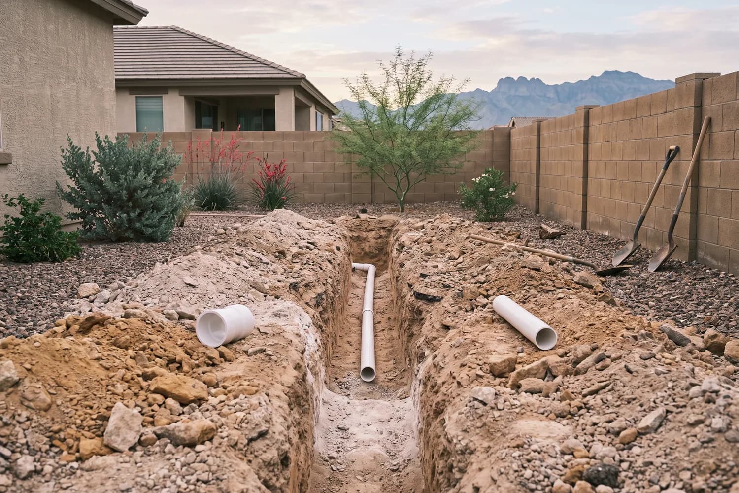 Trench in a side yard exposing a PVC mainline cut back on both sides of a crack, with a slip coupling and new pipe beside it