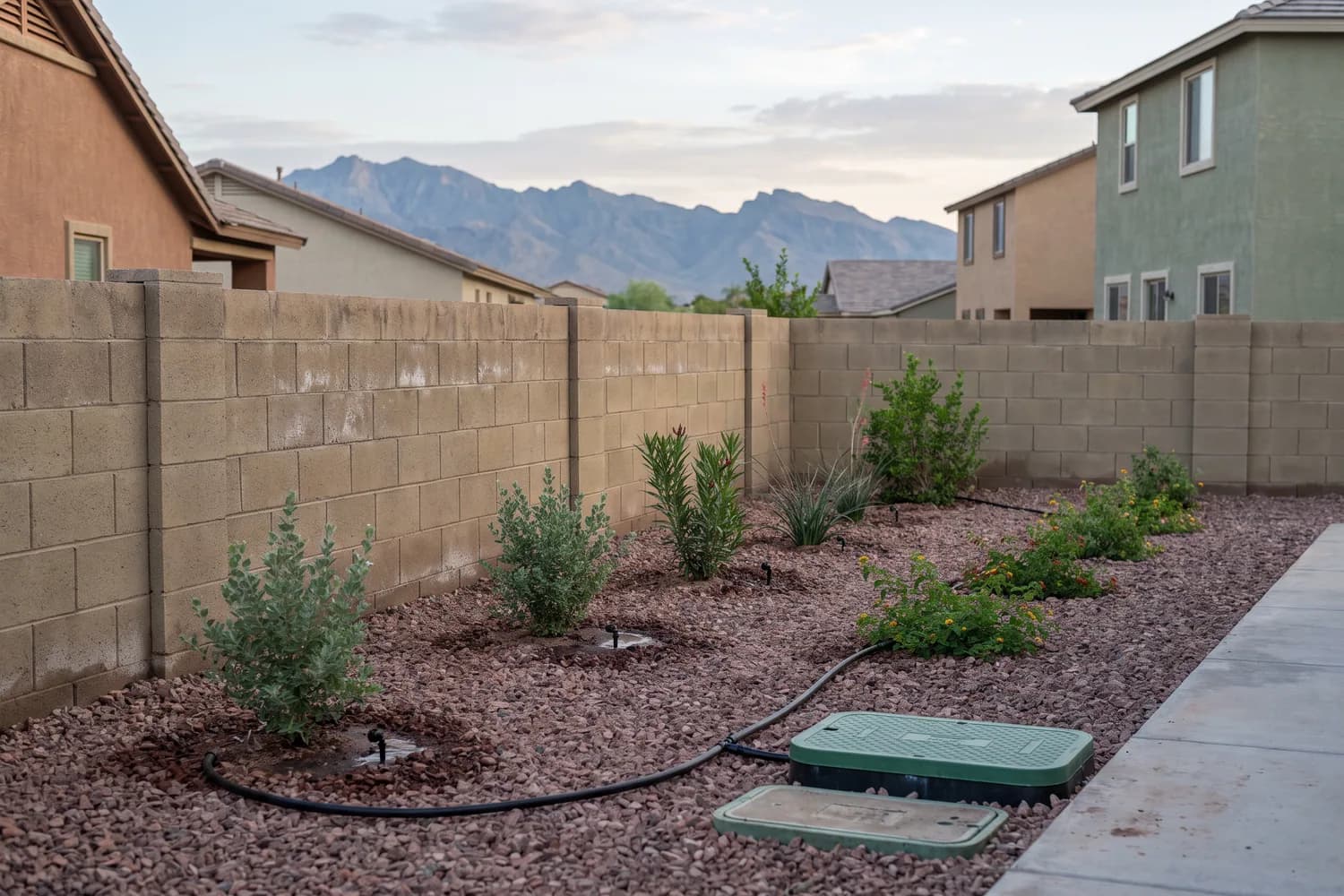 New bed of young desert shrubs along a back wall on a new drip line running to a new valve box
