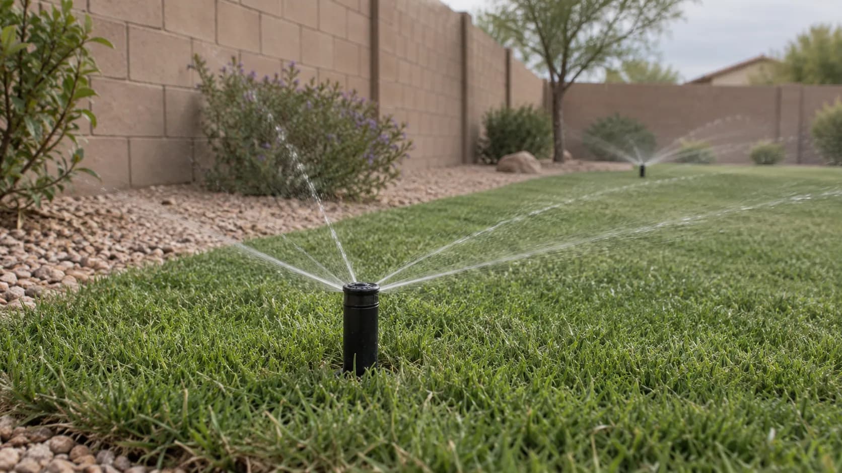 Illustration of an unbranded multi-stream sprinkler nozzle watering a small Surprise lawn.