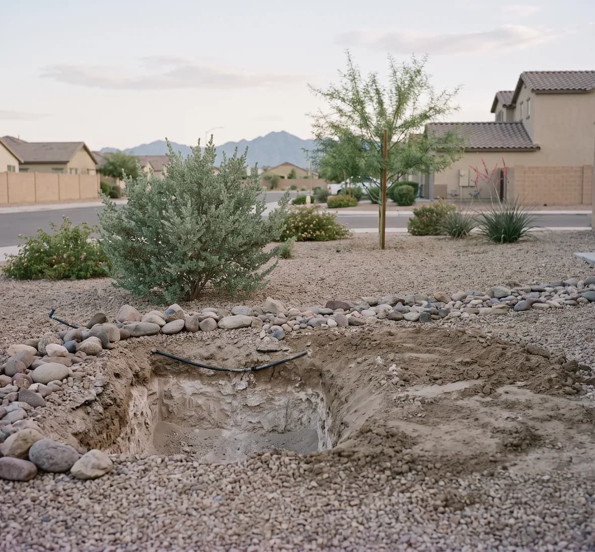 Test hole showing damp soil sitting on a pale caliche layer and spreading sideways at the edge of a rock bed