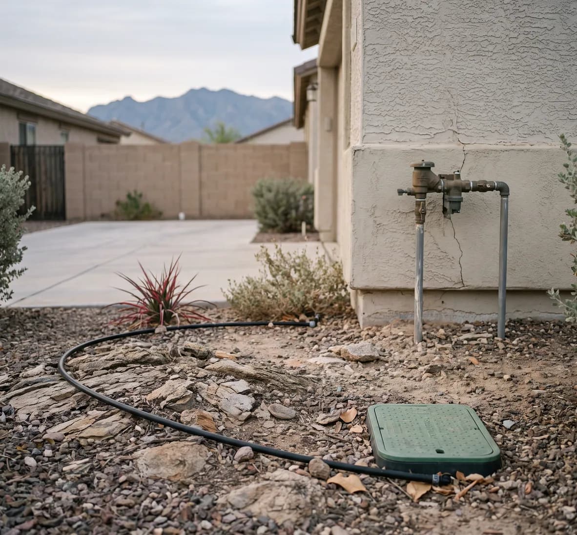 Irrigation line and valve-box lid in front of a brass backflow assembly by the wall of a Surprise home