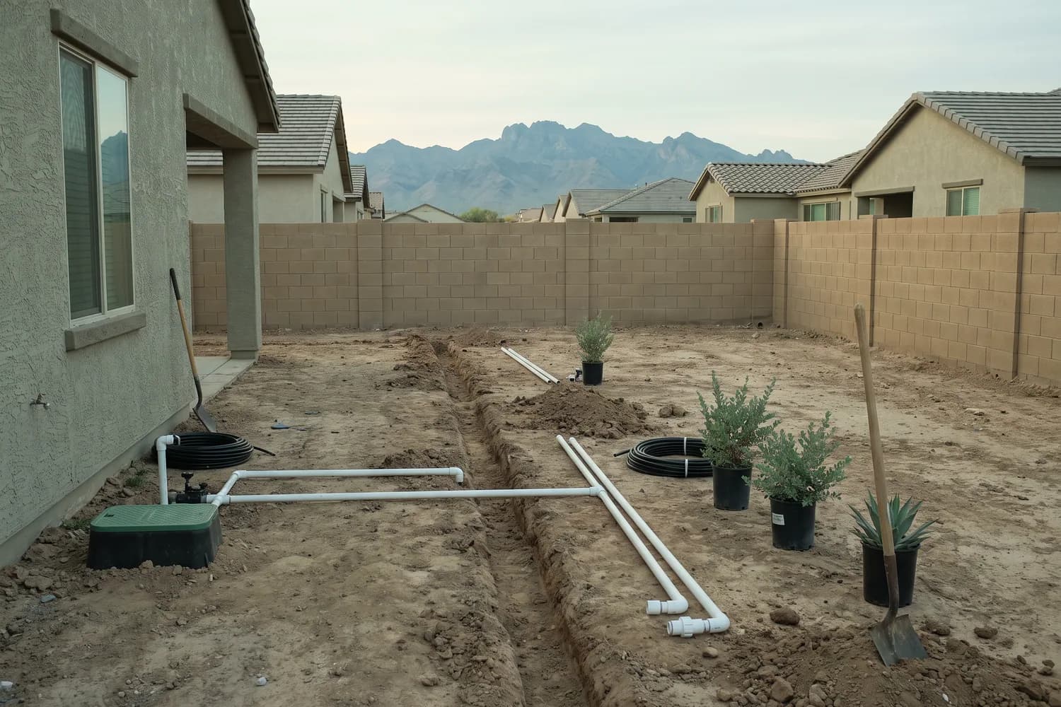 Fresh trenches with white PVC pipe in the bare backyard of a new Surprise home, with a new valve box and drip tubing ready