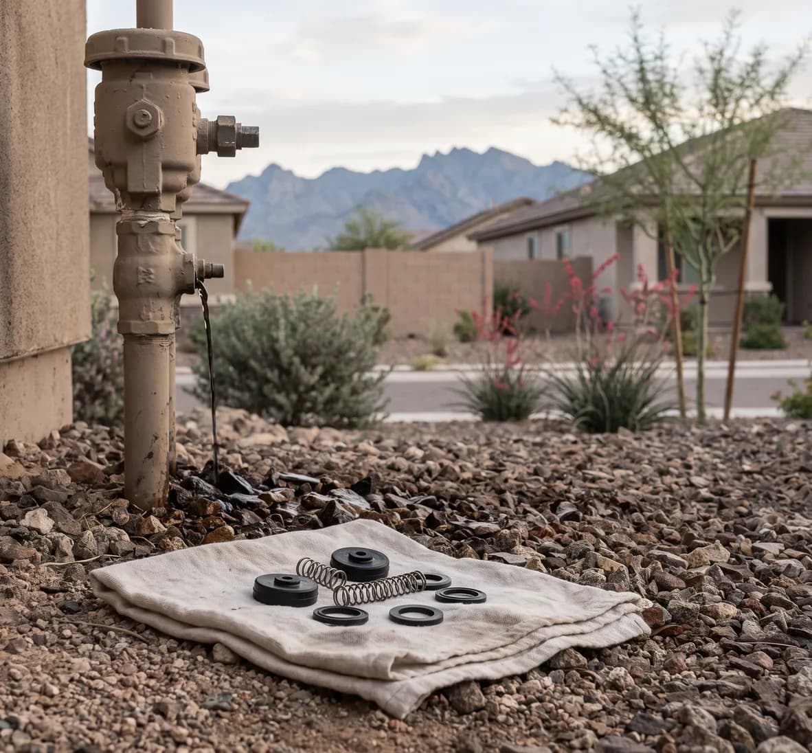 New check discs, springs and seals on a cloth in front of a backflow assembly discharging water onto the rocks