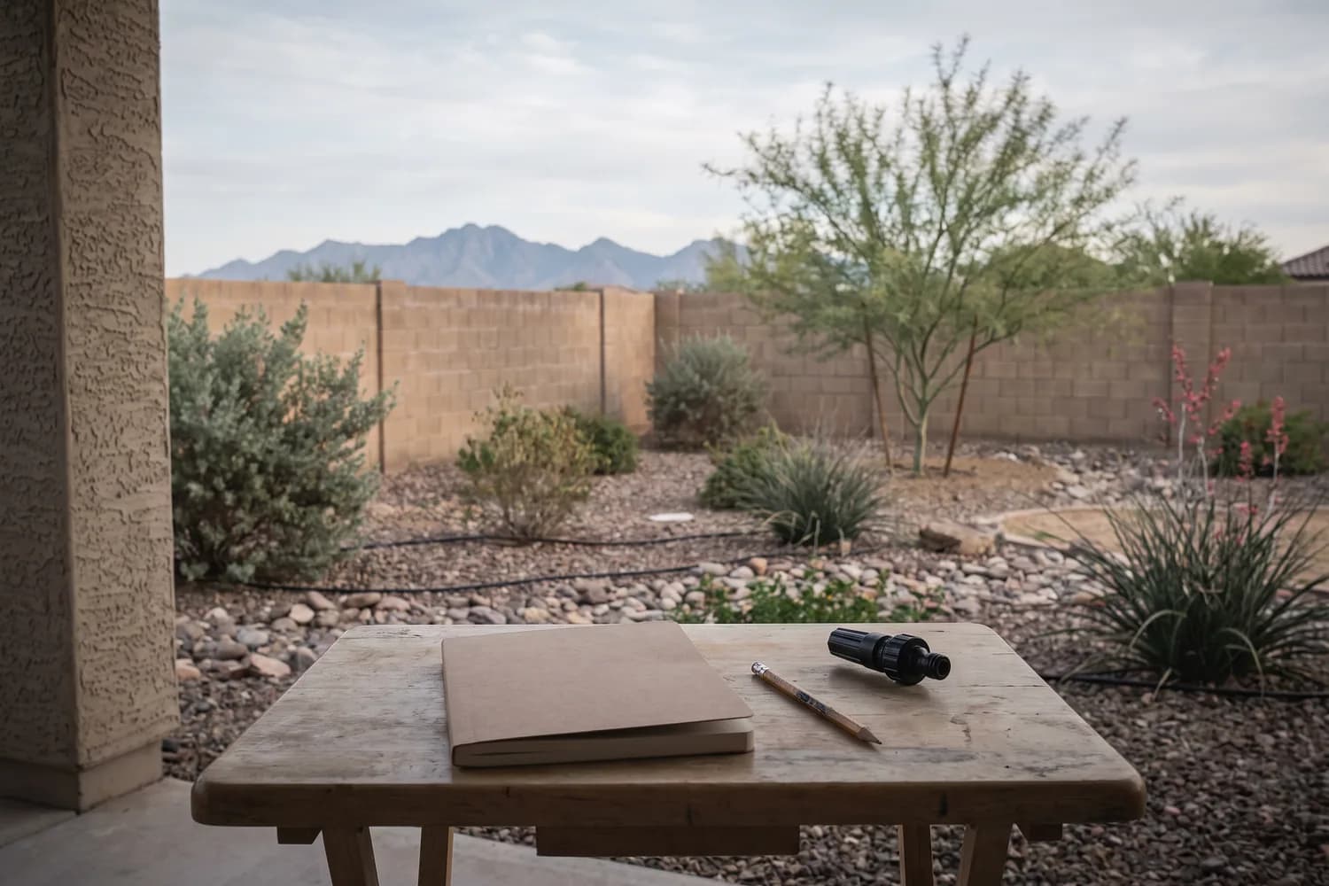 Closed notebook, a pencil and a sprinkler nozzle on a covered patio table, with a rock-mulch backyard beyond in Surprise