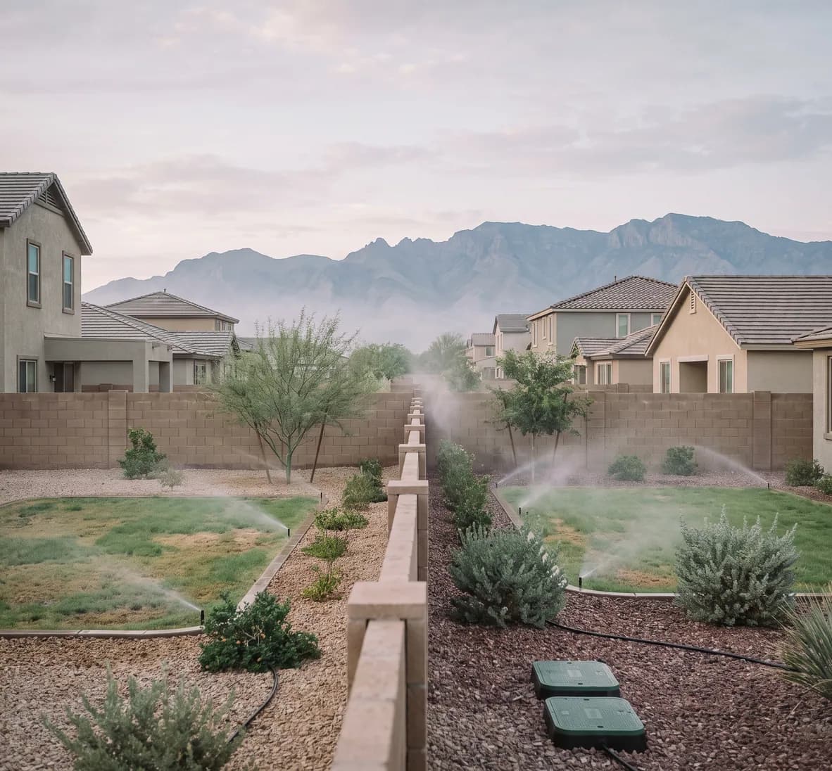 Sprinklers running in small backyards of a newer Surprise neighbourhood at dawn, with the White Tank Mountains beyond