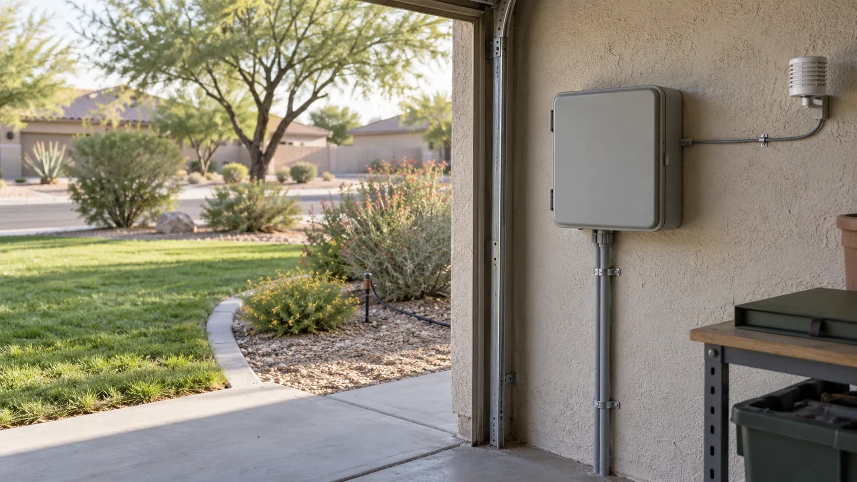 An unbranded irrigation controller mounted on a garage wall beside a yard with lawn and gravel shrub zones.