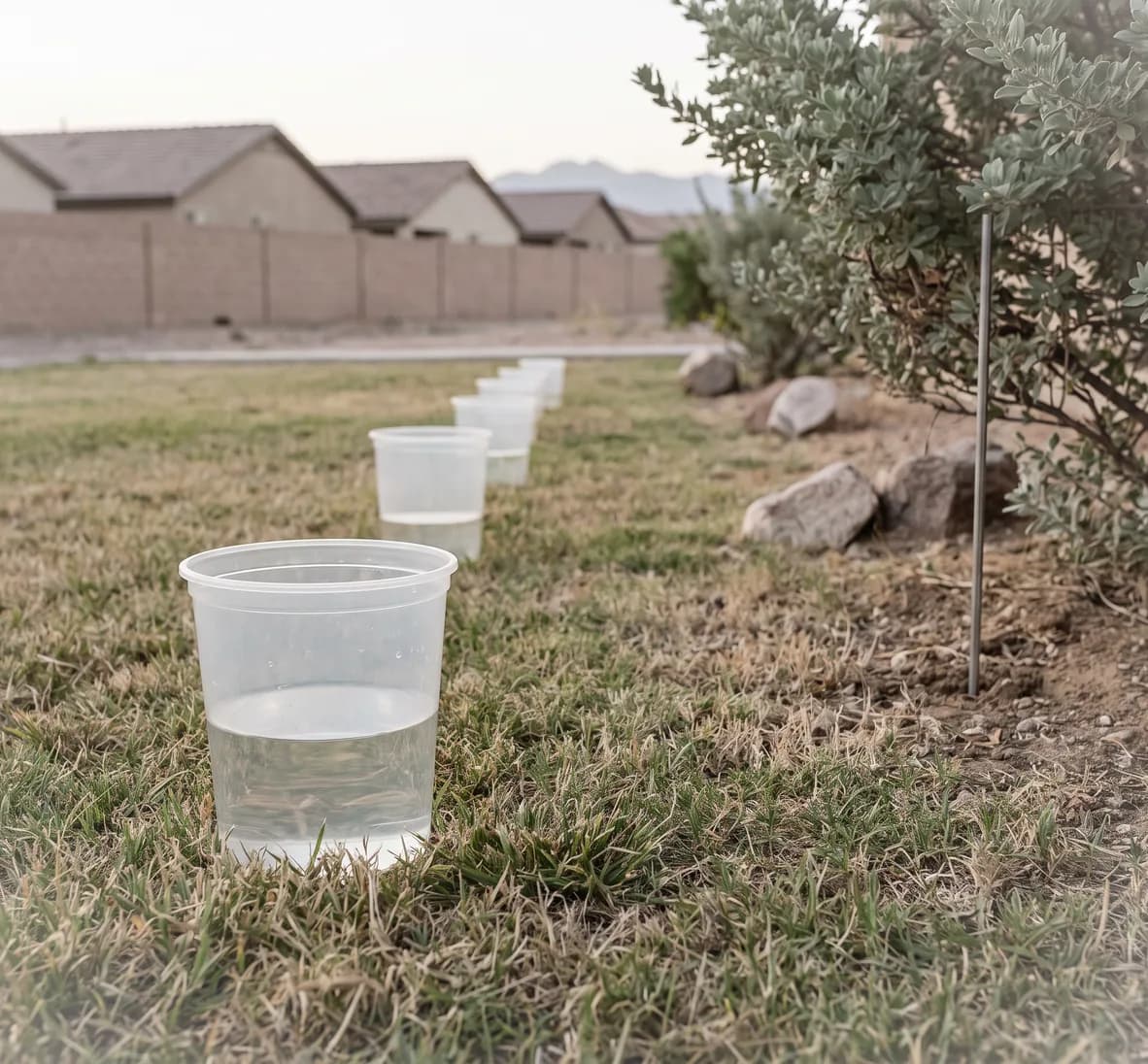 Catch cup holding water in a small lawn with a soil probe pushed in at a shrub canopy edge beyond