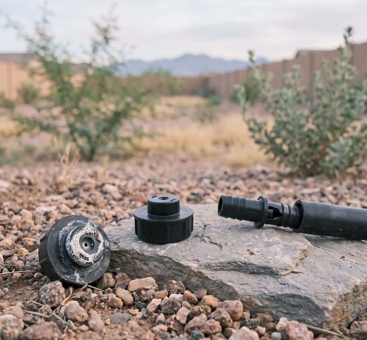 Drip emitter crusted with white mineral scale beside a new emitter, with a pulled-out barbed fitting further along