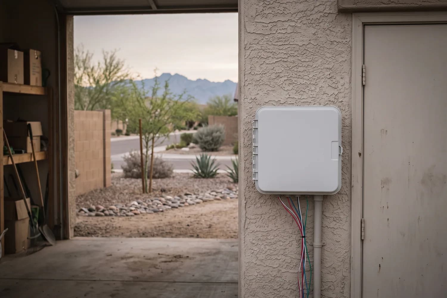 Slim white smart controller with its cover closed on a garage wall beside a side-yard door