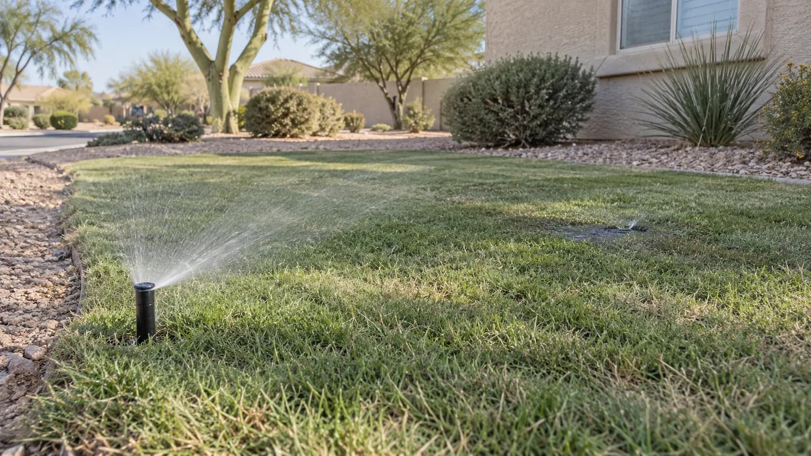 A raised sprinkler sprays a lawn while a second head barely rises above the grass