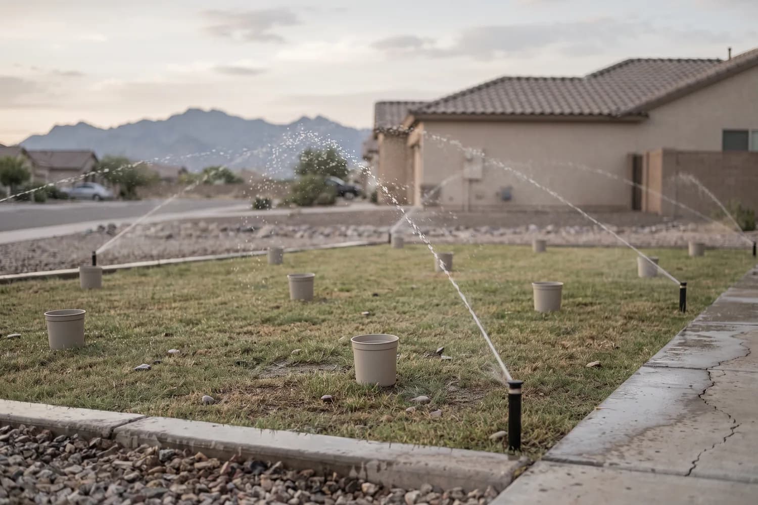 Plain catch cups set in a grid across a small front lawn with rotating nozzles running over them just after sunrise