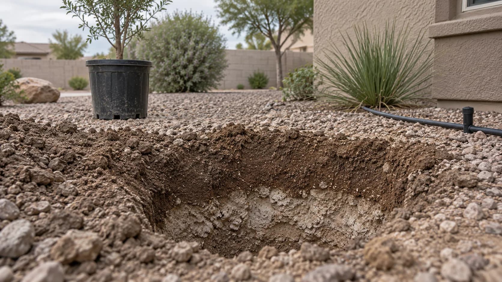 Illustration of a dry planting hole exposing pale compacted soil beneath brown topsoil.