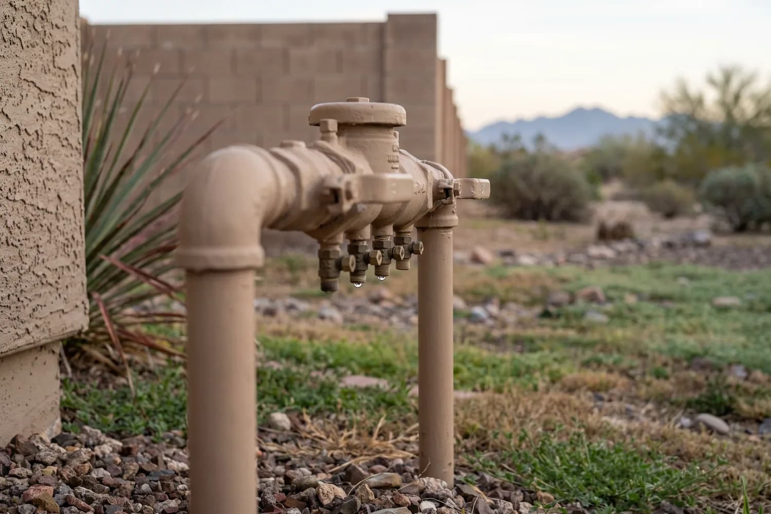 Brass backflow assembly test cocks with a water droplet, on riser pipes rising from rock mulch near a Surprise home