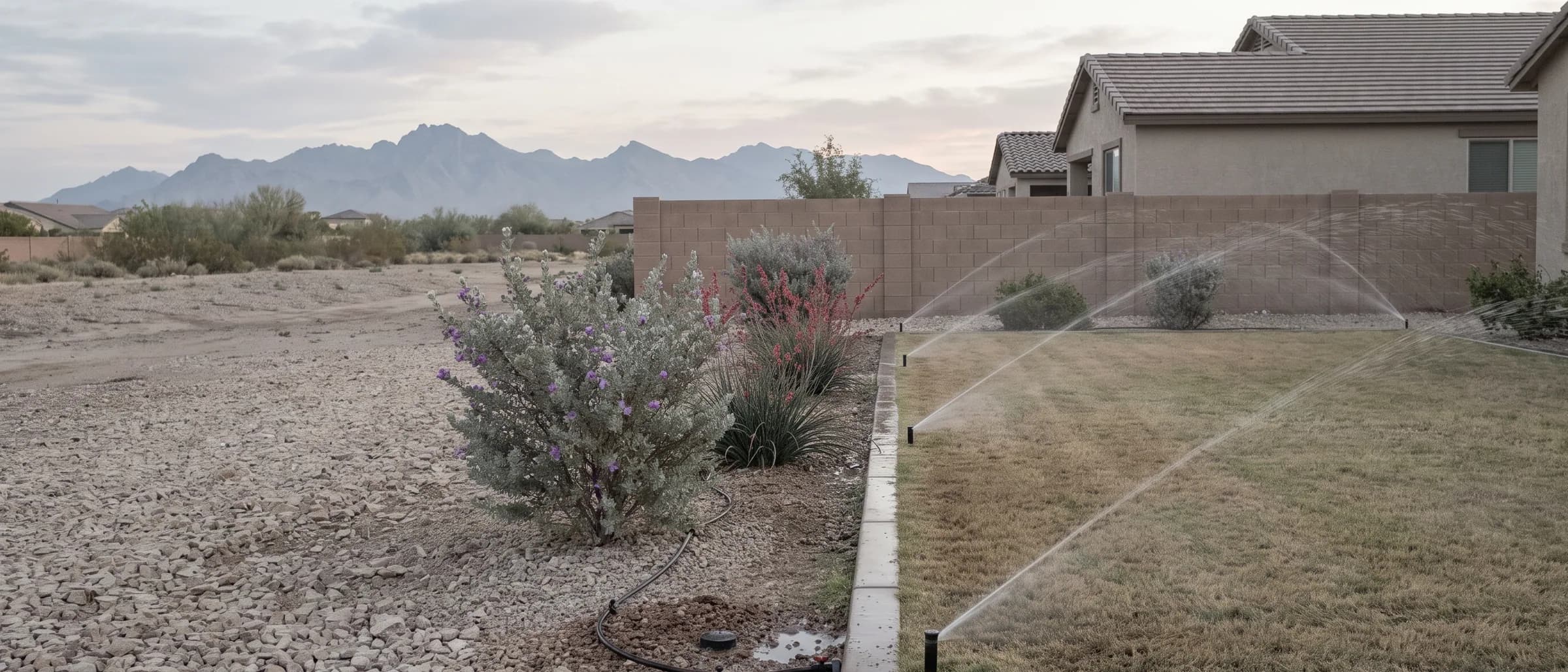 Rotating sprinkler nozzles on a small lawn beside a drip-watered shrub bed in a Surprise, Arizona front yard before sunrise, with the White Tank Mountains beyond