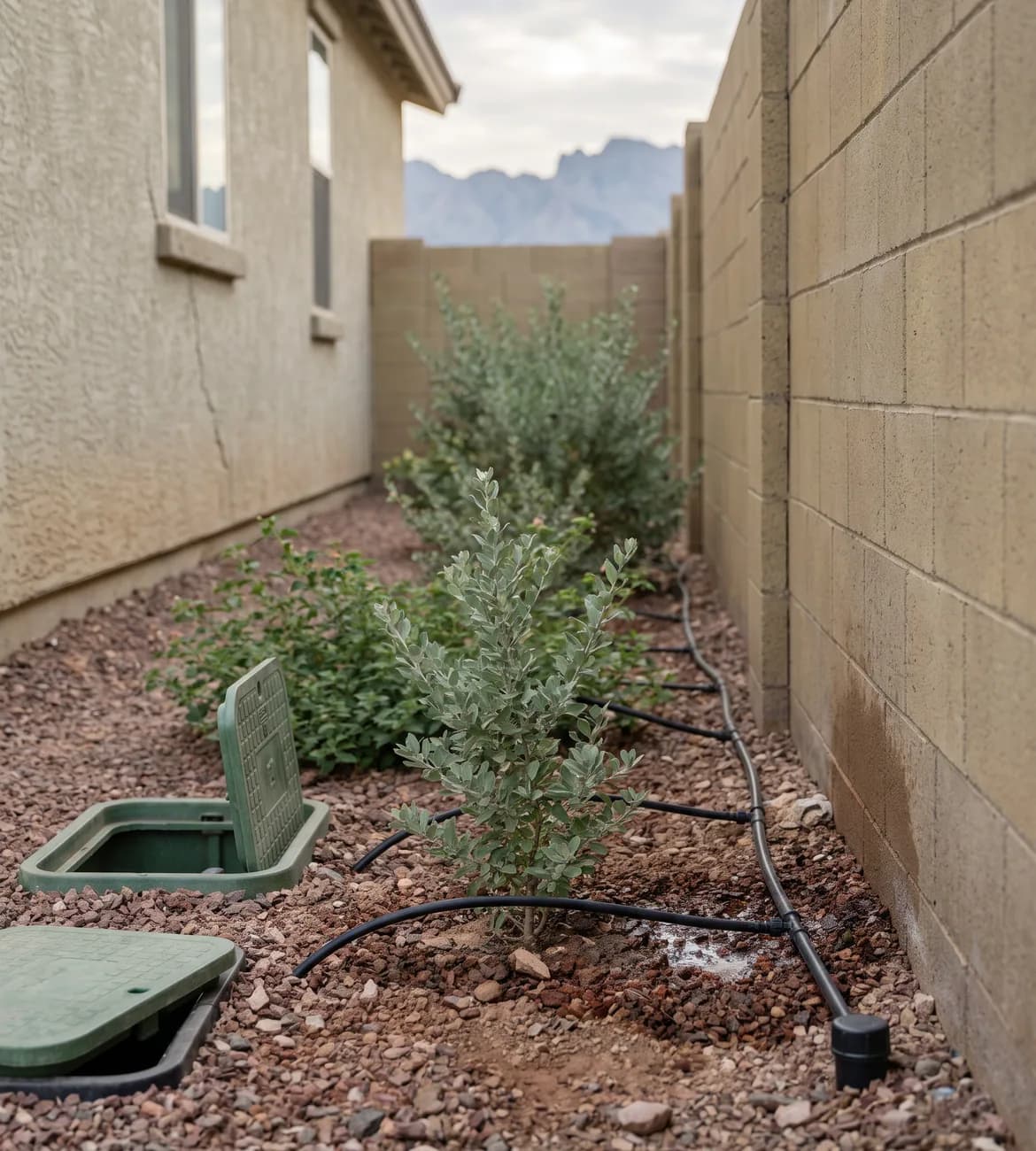 Drip station along a block wall in a Surprise backyard, with emitters wetting rock mulch around desert shrubs