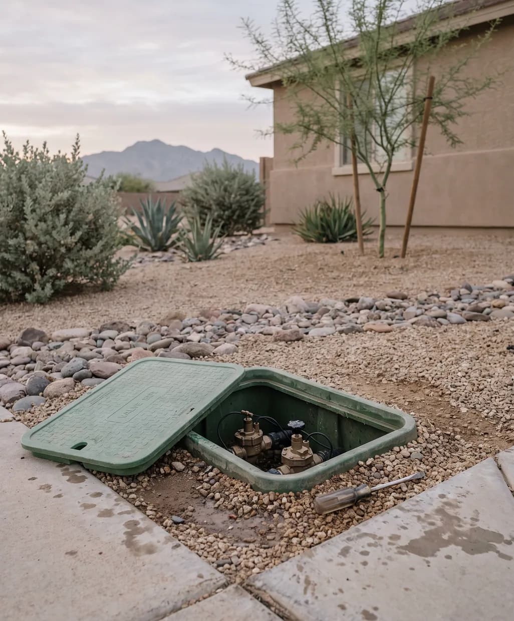 Valve box opened beside a Surprise driveway, with damp soil and water beads on a valve that keeps running