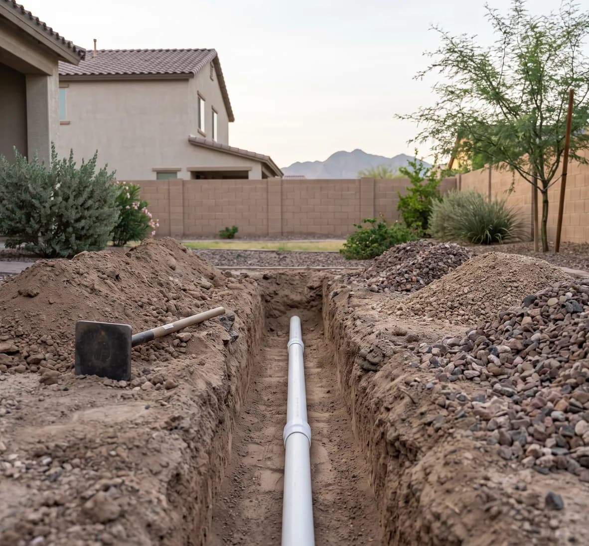 Repaired PVC line with two slip couplings resting on bedded soil in an open trench, with backfill and a tamper beside it