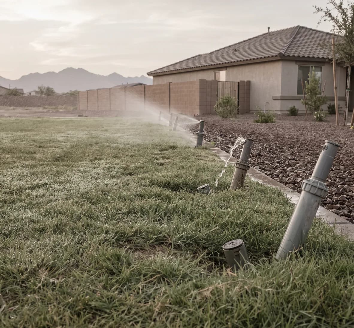Row of lawn spray heads with one leaning, one sunk behind the grass and one sputtering from grit